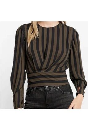 Express  Olive Green & Black Striped Puff Sleeve Cropped Blouse